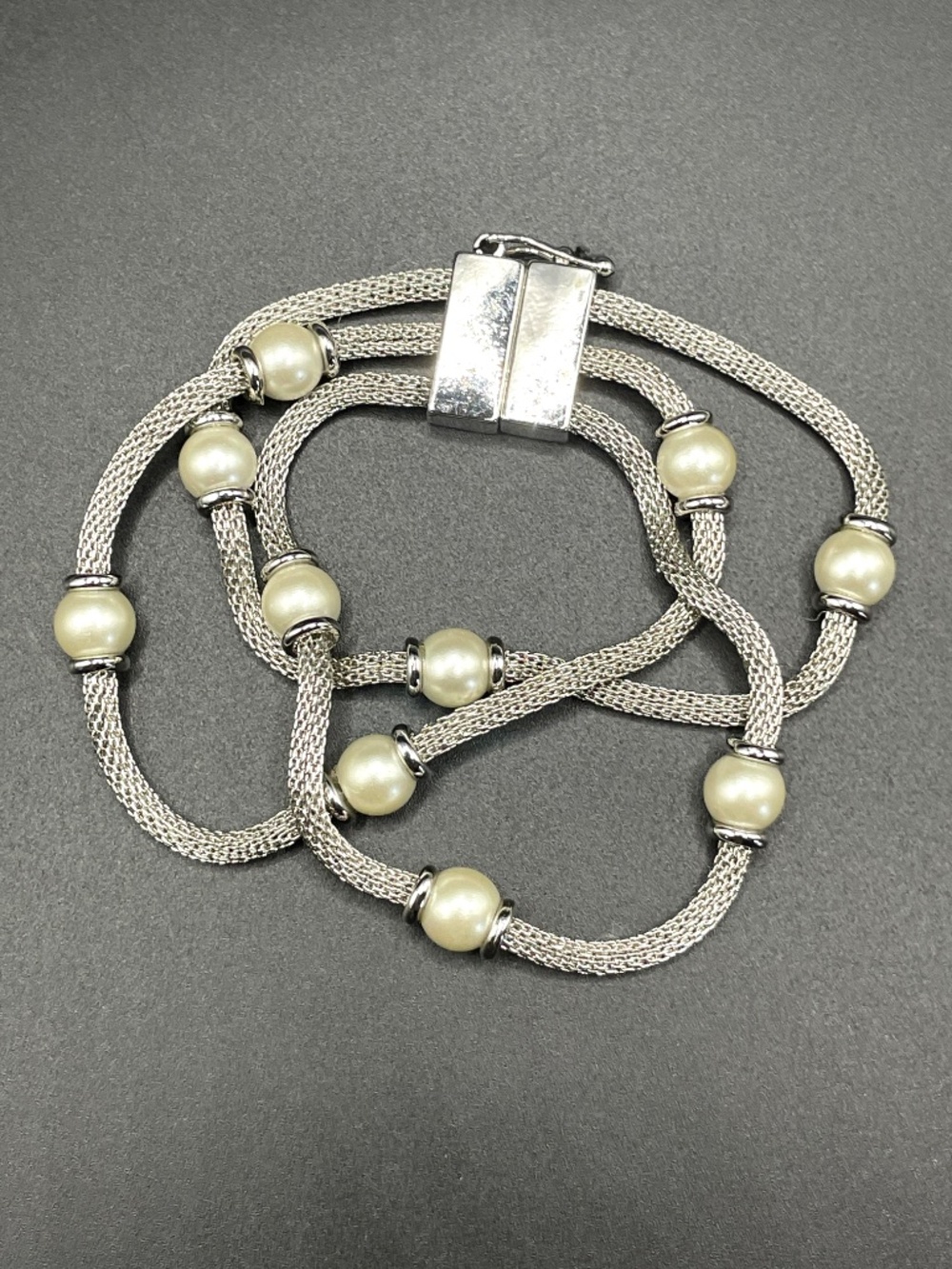 Anne Klein 3 Row Silver Tone Mesh Faux Pearl Bracelet 7 1/2" - Picture 14 of 14